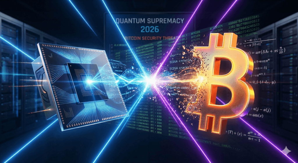 Quantum Computing Threat to Bitcoin 2026 illustrated with a clashing chip and BTC logo.