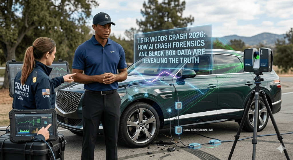 Investigative report on Tiger Woods Crash 2026 AI Forensics with car data.