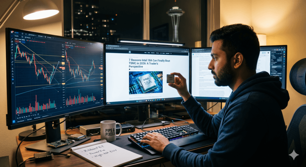 A financial trader analyzing Intel 18A stock and technical charts on multiple monitors in a professional home office.