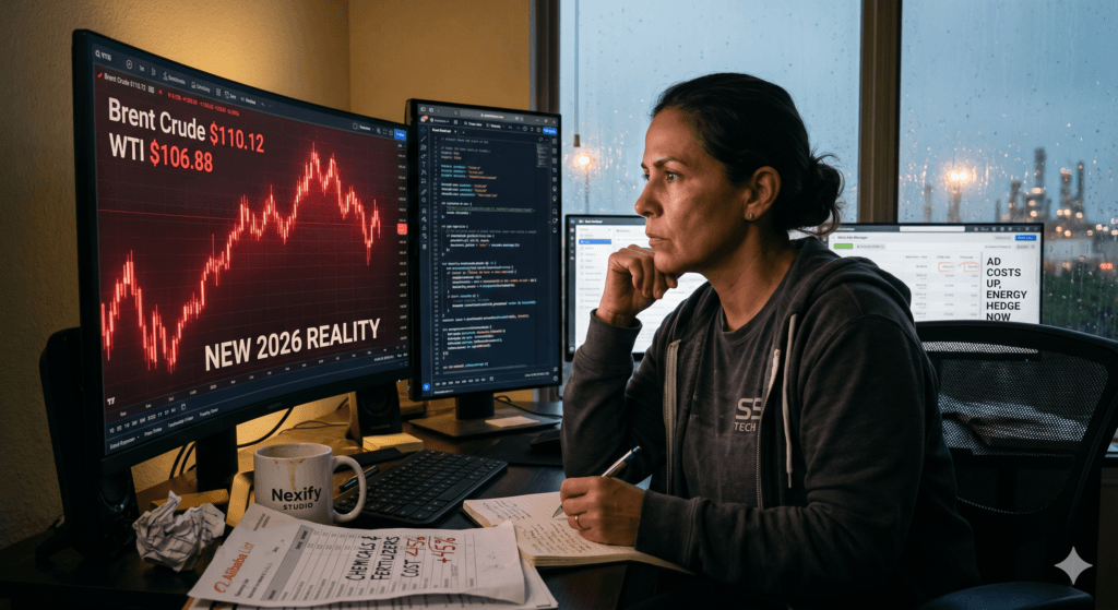 Venezuelan trader in Houston apartment late-night monitoring High Oil Prices and psychological impact on SS Tech trading bots in 2026.