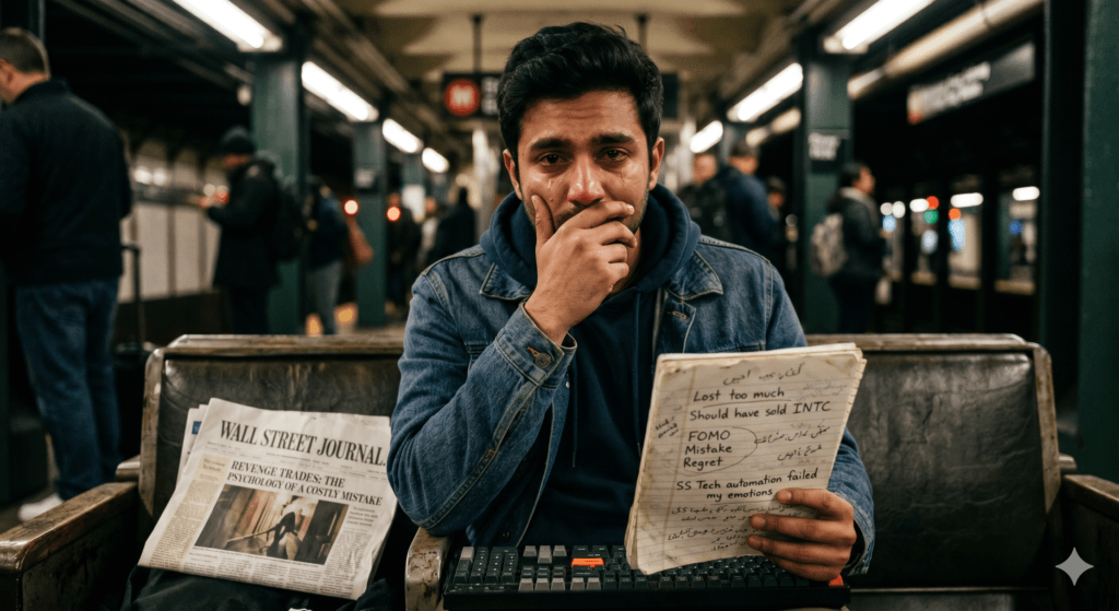Emotional South Asian trader crying on a New York subway bench, reflecting on costly trading mistakes in 2026.